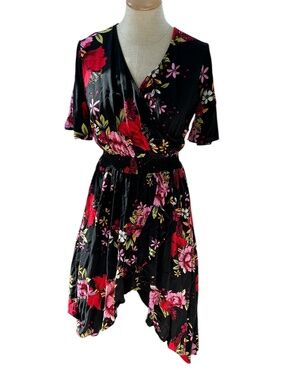 kormei black pink tropical flowers print dress M